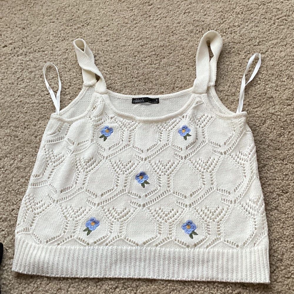Urban Outfitters White Knit Tank with Blue Floral Accents